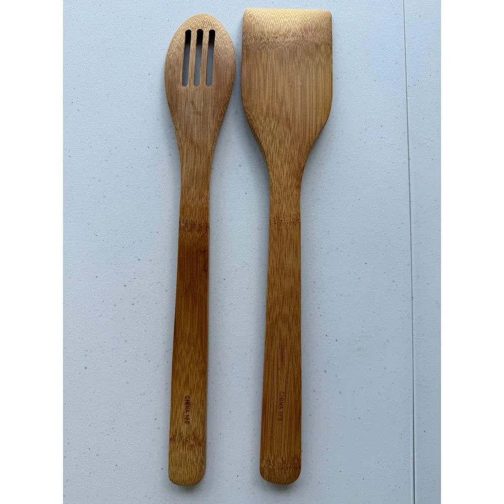 Vintage Pampered Chef Bamboo Wooden Spoons Set of 2 Slotted Kitchen Utensils 12